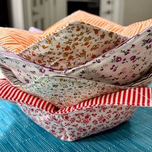 Set of Quilted Fabric Bowls - Floral & Striped, reversible and set of 4